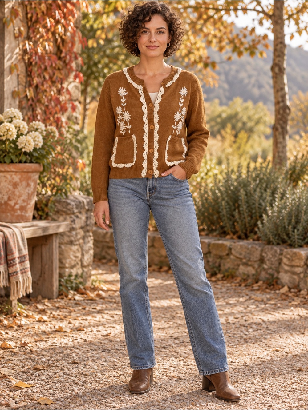 H221 NWT Listicle M ptp20 Rust Cardigan with Cream Crochet Trim Floral Embroider